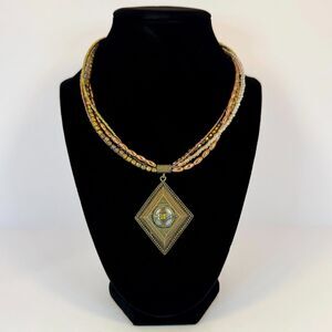 Vintage Western Geometric Pendant Necklace with Ornate Beading & Amber Stone